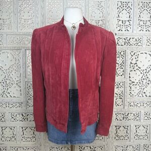 Vtg Red Suede Leather Zip Up Jacket Sz Womens M/L Retro Grunge Moto Pleated